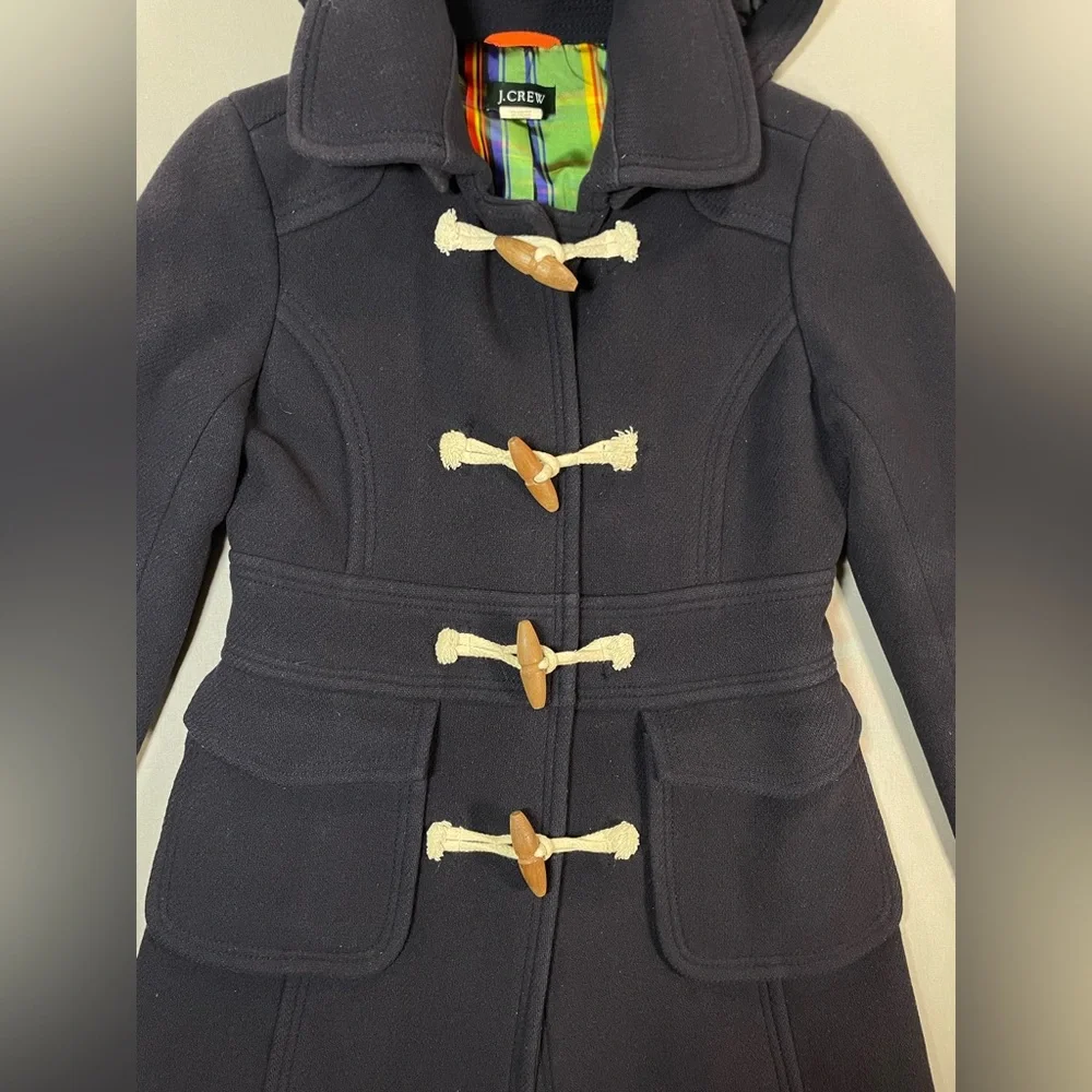 J Crew Duffle Coat, Removable Hood, Wood Toggles, Wool-Blend, Navy - Womens 4 - Picture 5 of 16